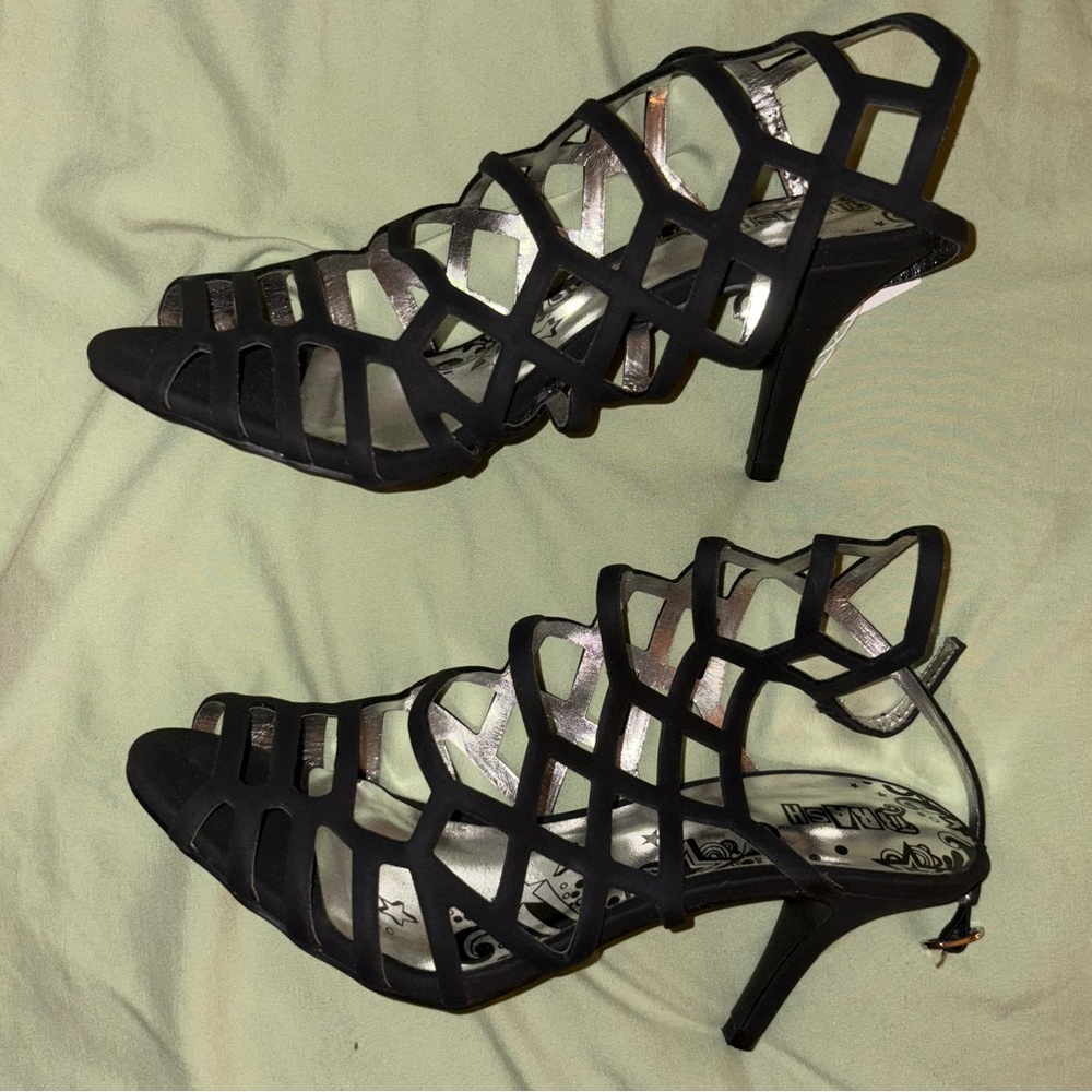 Brash Black Strappy Heels with Geometric Design